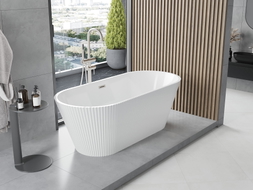 Mexen Yara freistehende, geriffelte Badewanne 170 x 75 cm, weiß, Überlauf gebürstetes Nickel - 52861707500-97