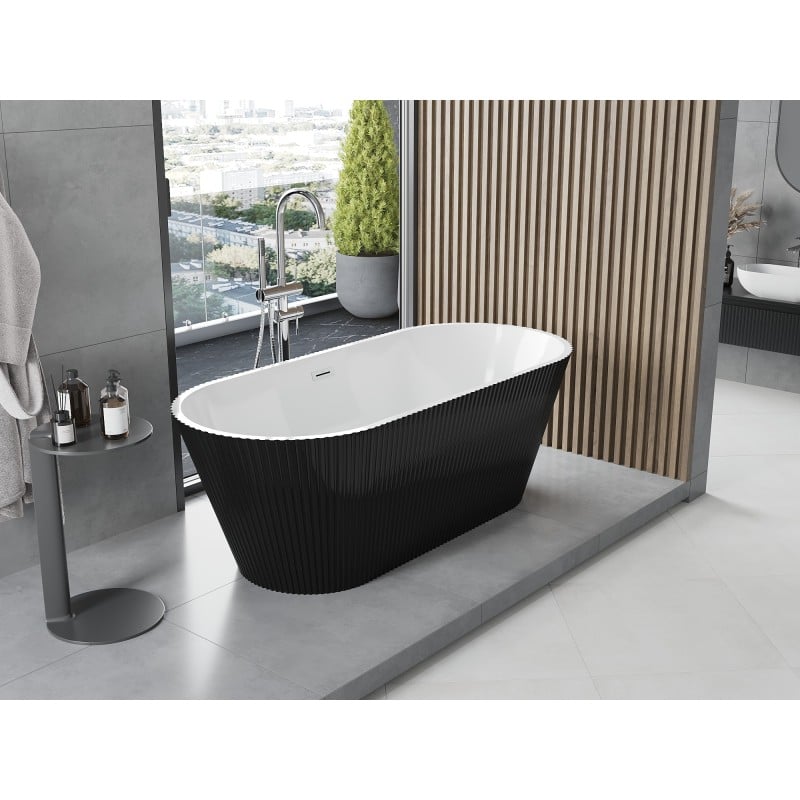 Mexen Yara freistehende geriffelte Badewanne 170 x 75 cm, weiß/schwarz, Chrom-Überlauf - 52861707575-01