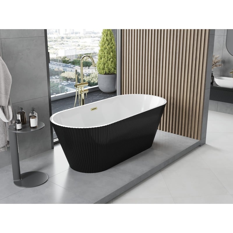 Mexen Yara freistehende Rillenbadewanne 170 x 75 cm, weiß/schwarz, Überlauf gold - 52861707575-50