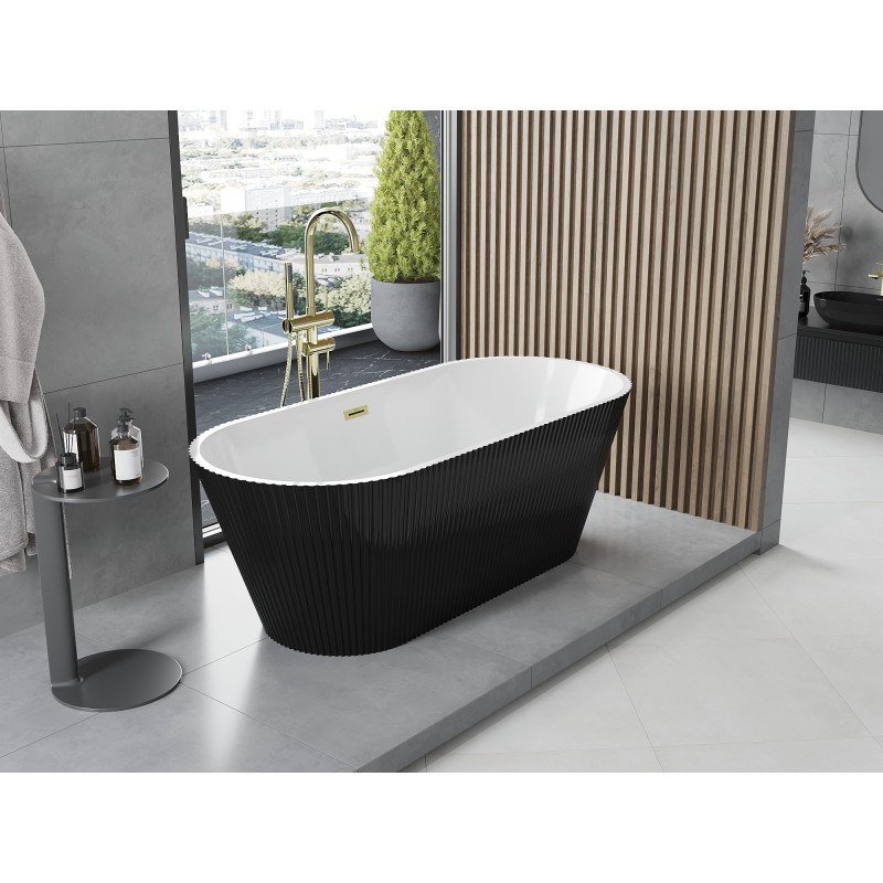 Mexen Yara freistehende gewellte Badewanne 170 x 75 cm, weiß/schwarz, Überlauf gebürstet gold - 52861707575-55