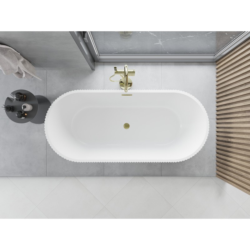 Mexen Yara freistehende gewellte Badewanne 170 x 75 cm, weiß/schwarz, Überlauf gebürstet gold - 52861707575-55