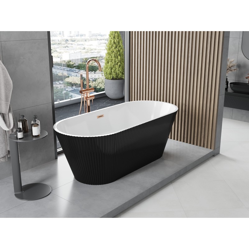 Mexen Yara freistehende geriffelte Badewanne 170 x 75 cm, weiß/schwarz, Überlauf Roségold - 52861707575-60