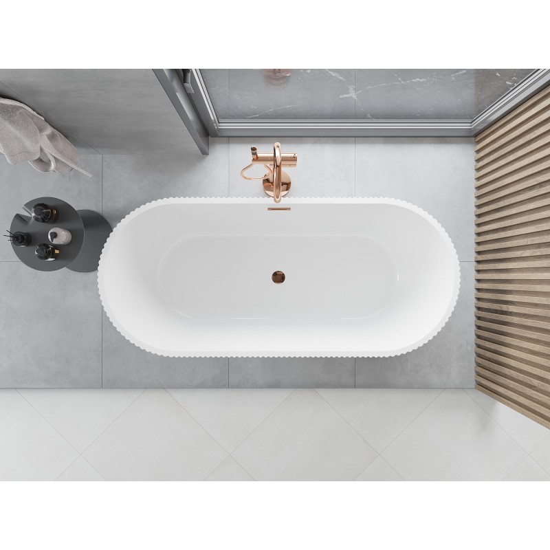 Mexen Yara freistehende geriffelte Badewanne 170 x 75 cm, weiß/schwarz, Überlauf Roségold - 52861707575-60