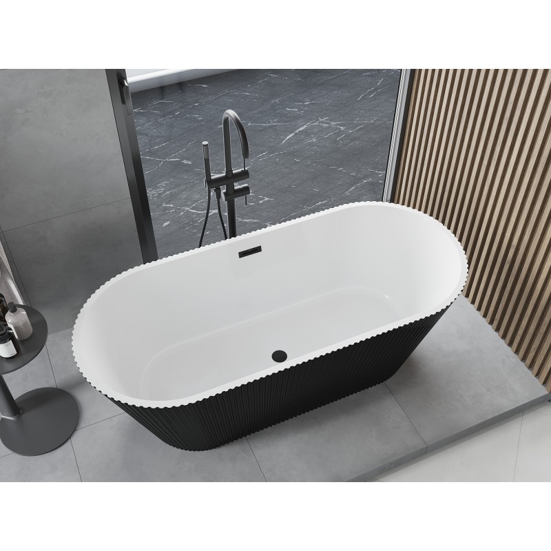 Mexen Yara freistehende geriffelte Badewanne 170 x 75 cm, weiß/schwarz, schwarze Überlauf - 52861707575-70