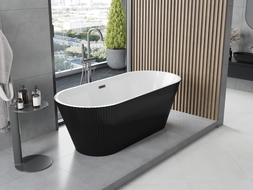 Mexen Yara freistehende gerillte Badewanne 170 x 75 cm, weiß/schwarz, Überlauf Gun Metal - 52861707575-95