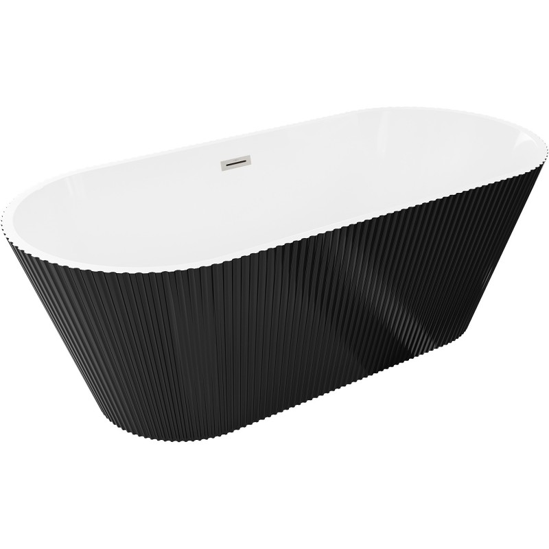 Mexen Yara freistehende, gerillte Badewanne 170 x 75 cm, weiß/schwarz, Überlauf aus gebürstetem Nickel - 52861707575-97