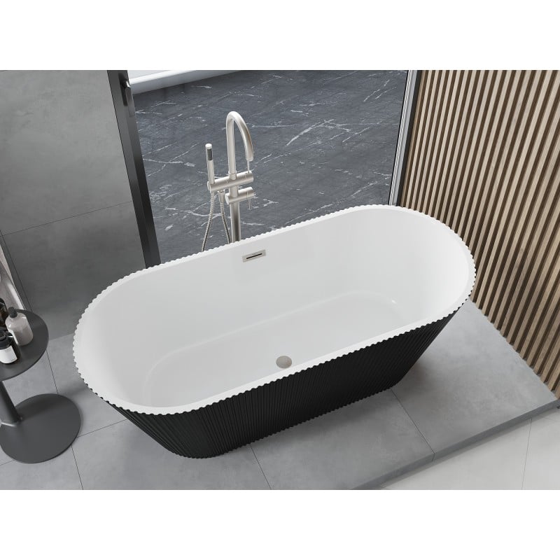 Mexen Yara freistehende, gerillte Badewanne 170 x 75 cm, weiß/schwarz, Überlauf aus gebürstetem Nickel - 52861707575-97