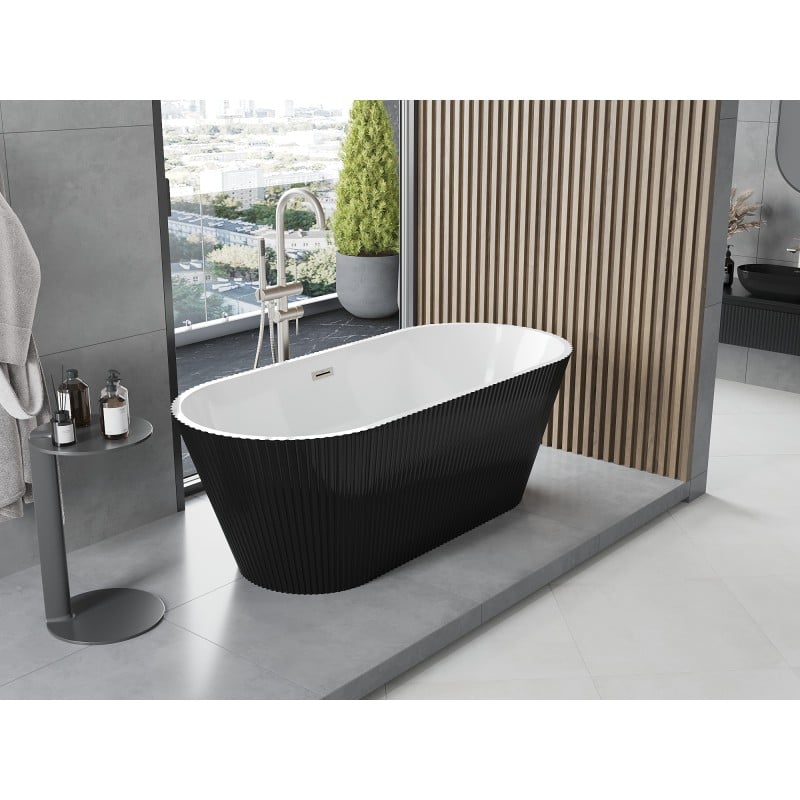 Mexen Yara freistehende, gerillte Badewanne 170 x 75 cm, weiß/schwarz, Überlauf aus gebürstetem Nickel - 52861707575-97