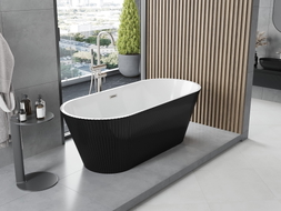 Mexen Yara freistehende, gerillte Badewanne 170 x 75 cm, weiß/schwarz, Überlauf aus gebürstetem Nickel - 52861707575-97