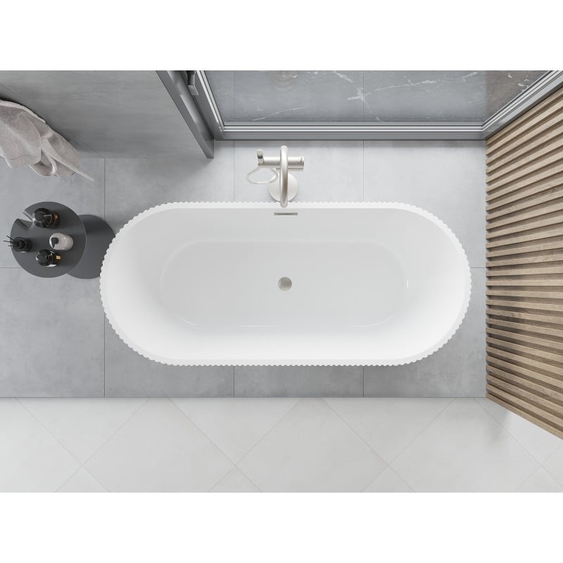 Mexen Yara freistehende, gerillte Badewanne 170 x 75 cm, weiß/schwarz, Überlauf aus gebürstetem Nickel - 52861707575-97
