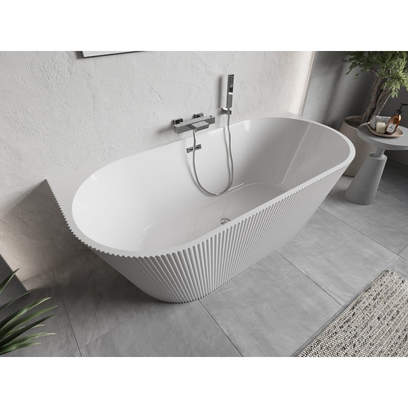 Mexen Oris freistehende, wandnahe, geriffelte Wanne 150 x 75 cm, weiß, Ablauf chrom - 52871507500-01