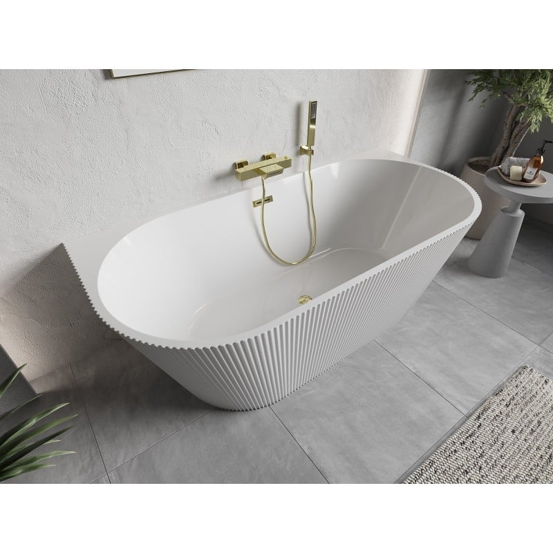 Mexen Oris freistehende Wandwanne geriffelt 150 x 75 cm, weiß, Überlauf gold- 52871507500-50