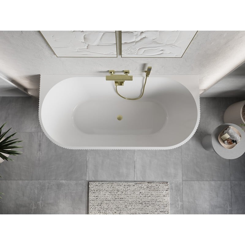 Mexen Oris freistehende geriffelte Wanne 150 x 75 cm, weiß, gold gebürsteter Überlauf - 52871507500-55
