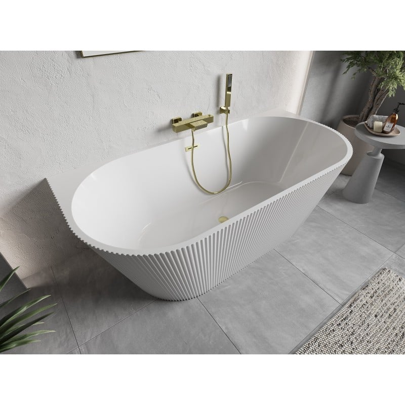 Mexen Oris freistehende geriffelte Wanne 150 x 75 cm, weiß, gold gebürsteter Überlauf - 52871507500-55