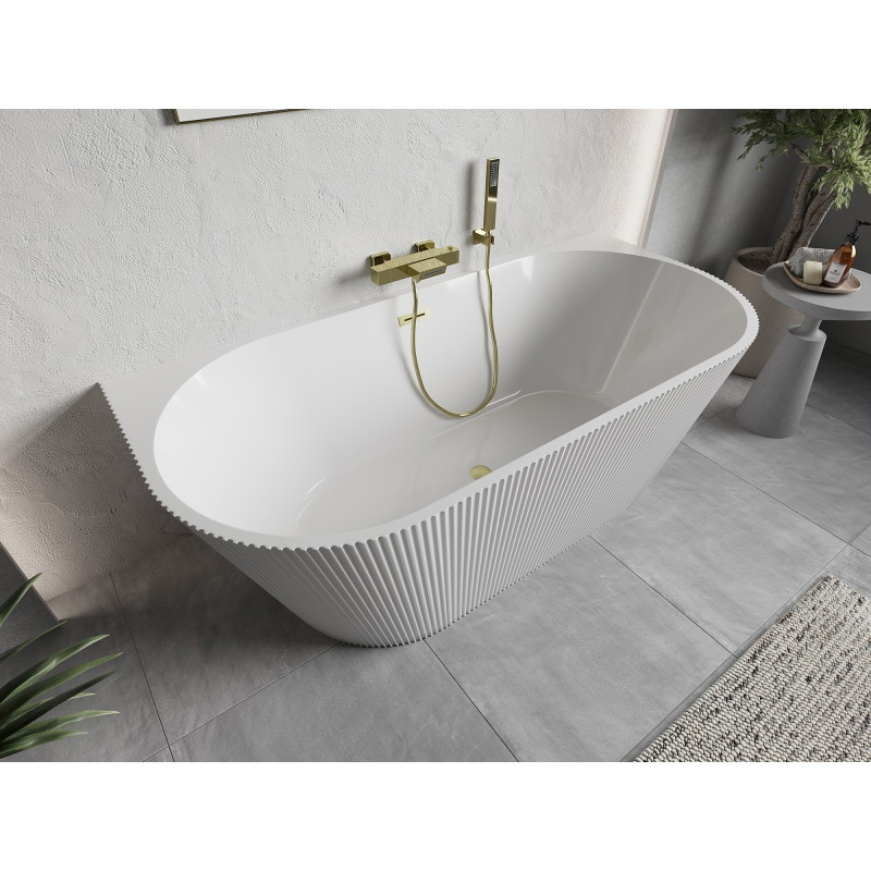 Mexen Oris freistehende Rillenwanne 150 x 75 cm, weiß, Überlauf gebürstetes Gold - 52871507500-55