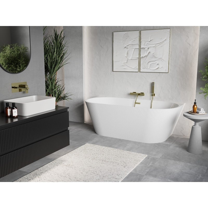 Mexen Oris freistehende geriffelte Wanne 150 x 75 cm, weiß, gold gebürsteter Überlauf - 52871507500-55