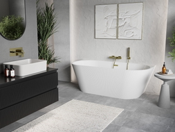 Mexen Oris freistehende geriffelte Wanne 150 x 75 cm, weiß, gold gebürsteter Überlauf - 52871507500-55