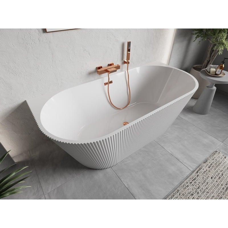 Mexen Oris freistehende wandnahe gerillte Wanne 150 x 75 cm, weiß, Überlauf Roségold - 52871507500-60
