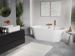 Mexen Oris freistehende wandnahe gerillte Wanne 150 x 75 cm, weiß, Überlauf Roségold - 52871507500-60