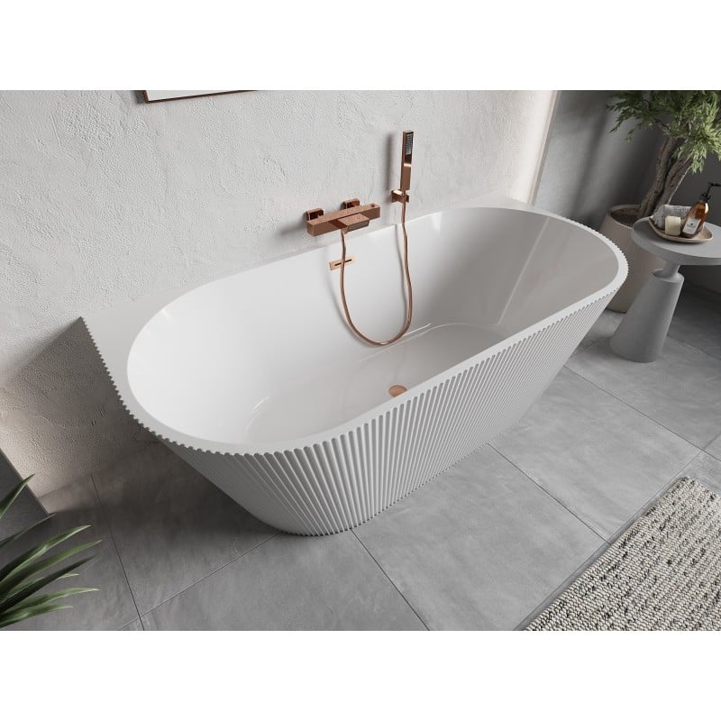 Mexen Oris freistehende Wandbadewanne gerillt 150 x 75 cm, weiß, Überlauf gebürstetes Kupfer - 52871507500-65