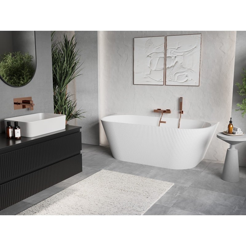 Mexen Oris freistehende Wandbadewanne gerillt 150 x 75 cm, weiß, Überlauf gebürstetes Kupfer - 52871507500-65