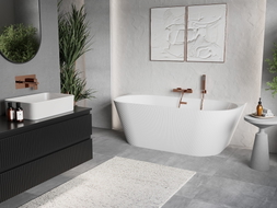 Mexen Oris freistehende Wandbadewanne gerillt 150 x 75 cm, weiß, Überlauf gebürstetes Kupfer - 52871507500-65