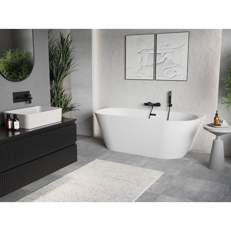 Mexen Oris freistehende Wandbadewanne geriffelt 150 x 75 cm, weiß, Überlauf schwarz - 52871507500-70