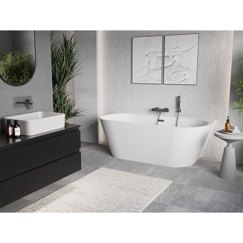Mexen Oris freistehende halbwandige geriffelte Wanne 150 x 75 cm, weiß, Überlauf Gun Metal - 52871507500-95