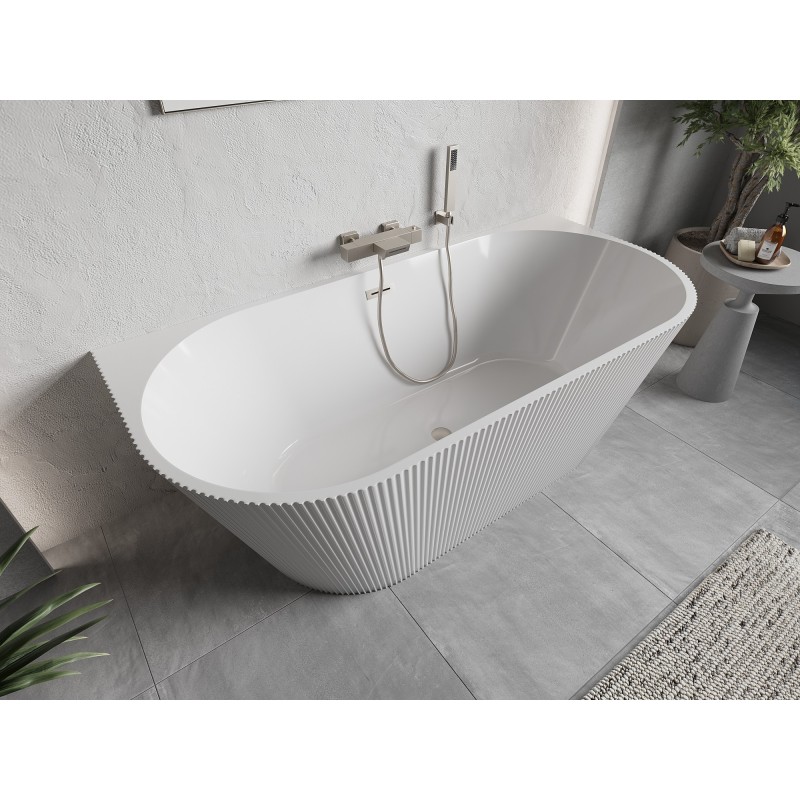 Mexen Oris freistehende wandstehende Riffelbadewanne 150 x 75 cm, weiß, Überlauf gebürstetes Nickel - 52871507500-97