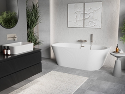 Mexen Oris freistehende wandstehende Riffelbadewanne 150 x 75 cm, weiß, Überlauf gebürstetes Nickel - 52871507500-97