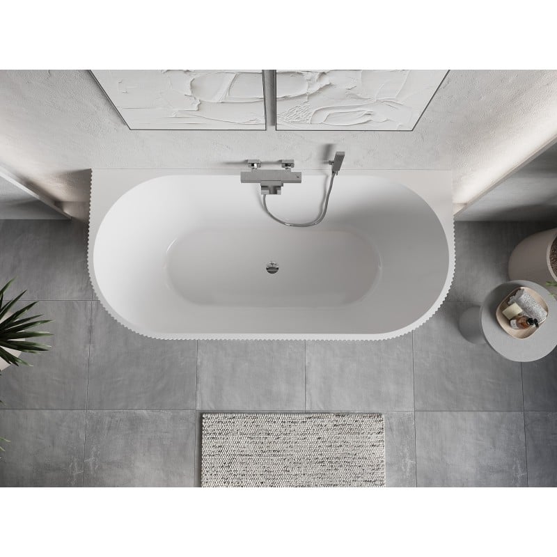Mexen Oris freistehende, wandnahe, gerillte Badewanne 150 x 75 cm, weiß/grau, Überlauf Chrom - 52871507562-01