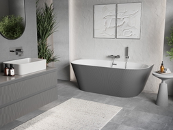 Mexen Oris freistehende, wandnahe, gerillte Badewanne 150 x 75 cm, weiß/grau, Überlauf Chrom - 52871507562-01