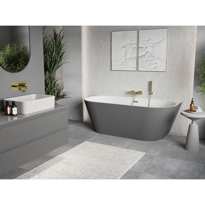 Mexen Oris freistehende, gerillte Wandbadewanne 150 x 75 cm, weiß/grau, Ablauf gold - 52871507562-50