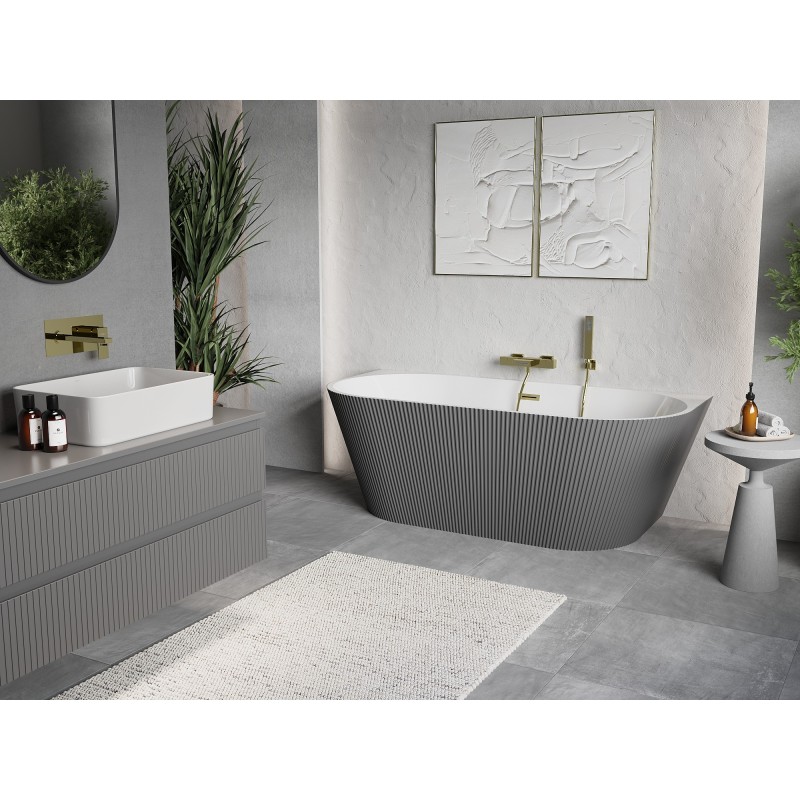 Mexen Oris freistehende wandnahe geriffelte Wanne 150 x 75 cm, weiß/grau, Überlauf gold gebürstet - 52871507562-55