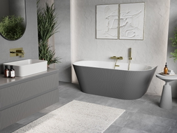 Mexen Oris freistehende wandnahe geriffelte Wanne 150 x 75 cm, weiß/grau, Überlauf gold gebürstet - 52871507562-55