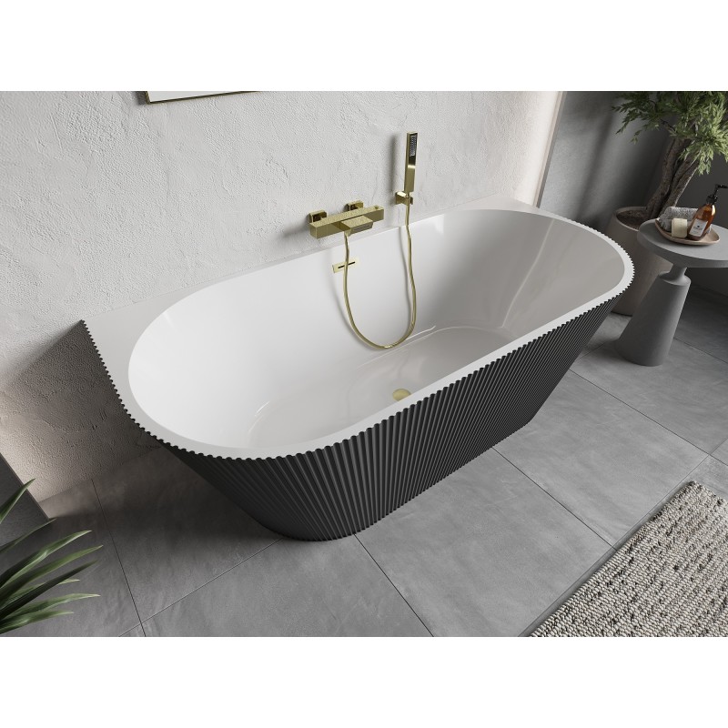 Mexen Oris freistehende wandnahe geriffelte Wanne 150 x 75 cm, weiß/grau, Überlauf gold gebürstet - 52871507562-55
