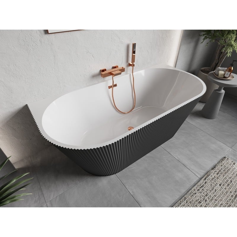 Mexen Oris freistehende, wandstehende, gerillte Wanne 150 x 75 cm, weiß/grau, Überlauf Roségold - 52871507562-60