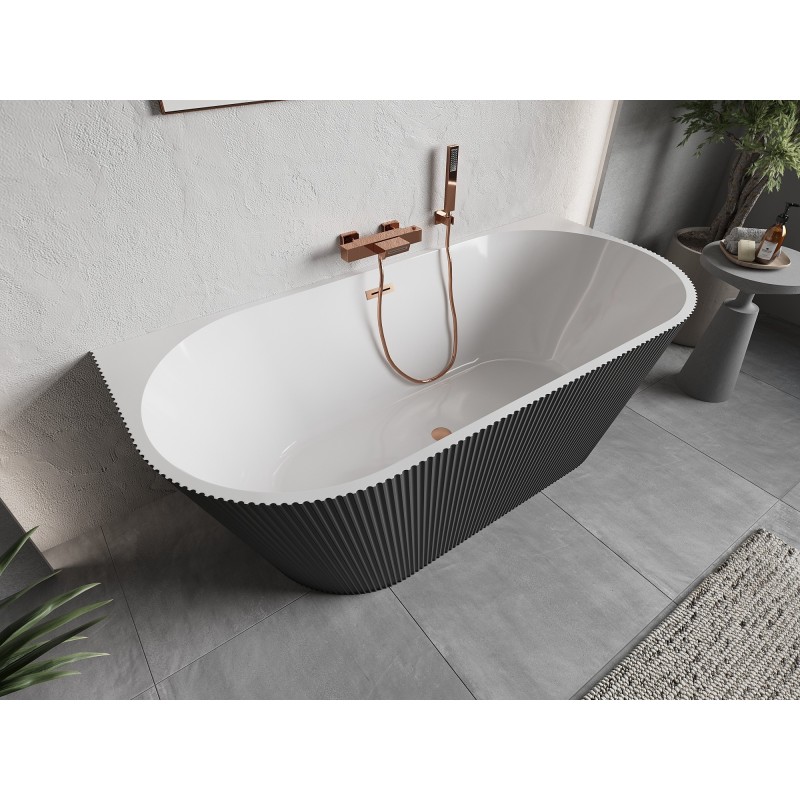 Mexen Oris freistehende Wandbadewanne gerillt 150 x 75 cm, weiß/grau, Überlauf gebürstetes Kupfer - 52871507562-65