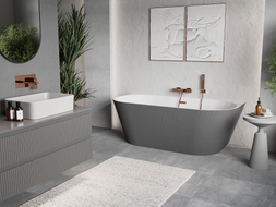 Mexen Oris freistehende Wandbadewanne gerillt 150 x 75 cm, weiß/grau, Überlauf gebürstetes Kupfer - 52871507562-65