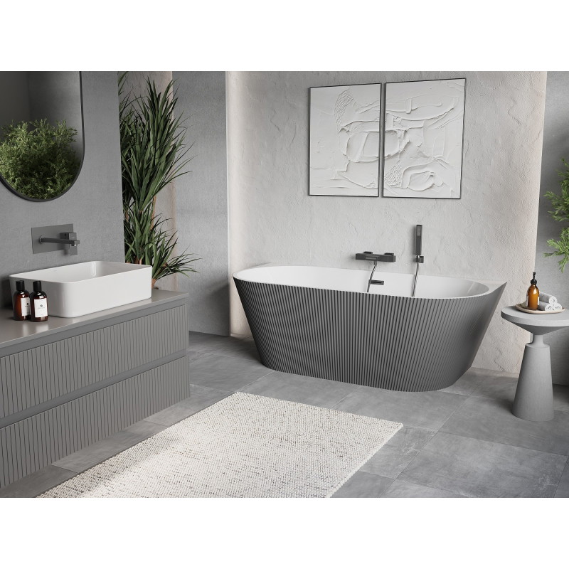 Mexen Oris freistehende Badewanne an der Wand mit Rillen 150 x 75 cm, weiß/grau, Überlauf gun gray gebürstet - 52871507562-66