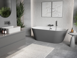 Mexen Oris freistehende Wandwanne geriffelt 150 x 75 cm, weiß/grau, Überlauf gun grey gebürstet - 52871507562-66