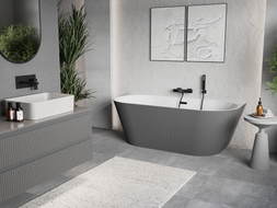 Mexen Oris freistehende an der Wand stehende gerillte Wanne 150 x 75 cm, weiß/grau, schwarzer Überlauf - 52871507562-70