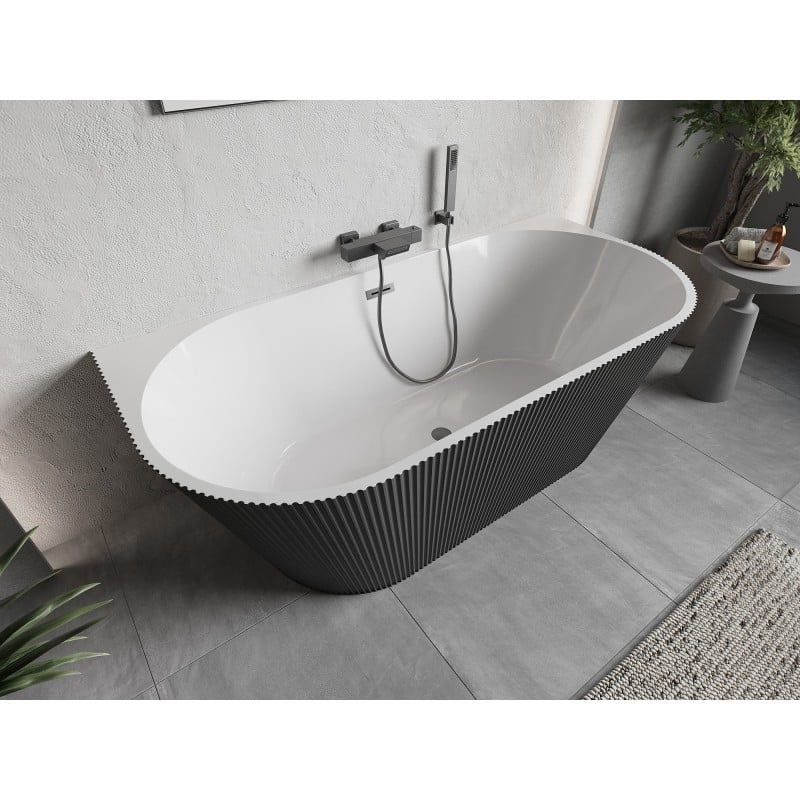 Mexen Oris freistehende, wandnahe gerillte Badewanne 150 x 75 cm, weiß/grau, Überlauf Gun Metal - 52871507562-95