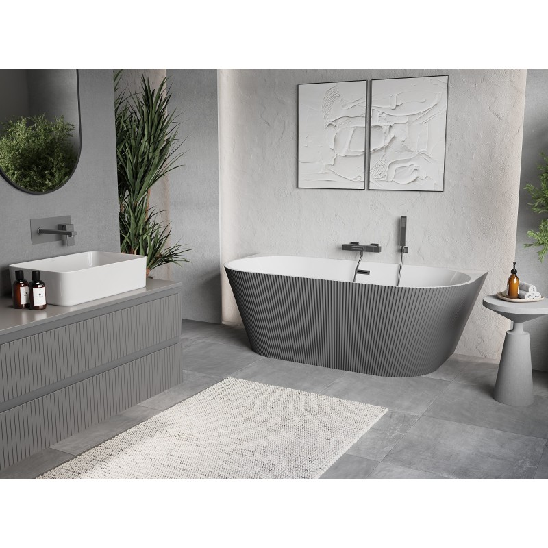 Mexen Oris freistehende, wandnahe gerillte Badewanne 150 x 75 cm, weiß/grau, Überlauf Gun Metal - 52871507562-95