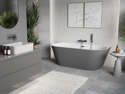 Mexen Oris freistehende, wandnahe gerillte Badewanne 150 x 75 cm, weiß/grau, Überlauf Gun Metal - 52871507562-95