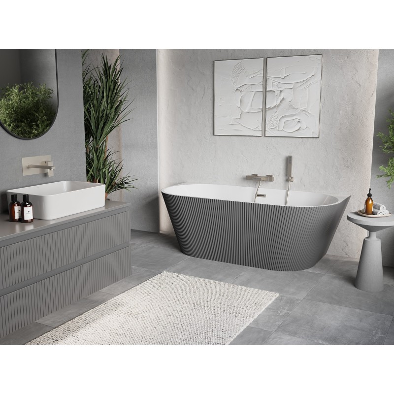 Mexen Oris freistehende, wandnahe, gerillte Badewanne 150 x 75 cm, weiß/grau, Überlauf gebürsteter Nickel - 52871507562-97