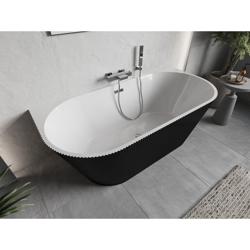Mexen Oris freistehende wandnahe geriffelte Wanne 150 x 75 cm, weiß/schwarz, Überlauf Chrom - 52871507575-01