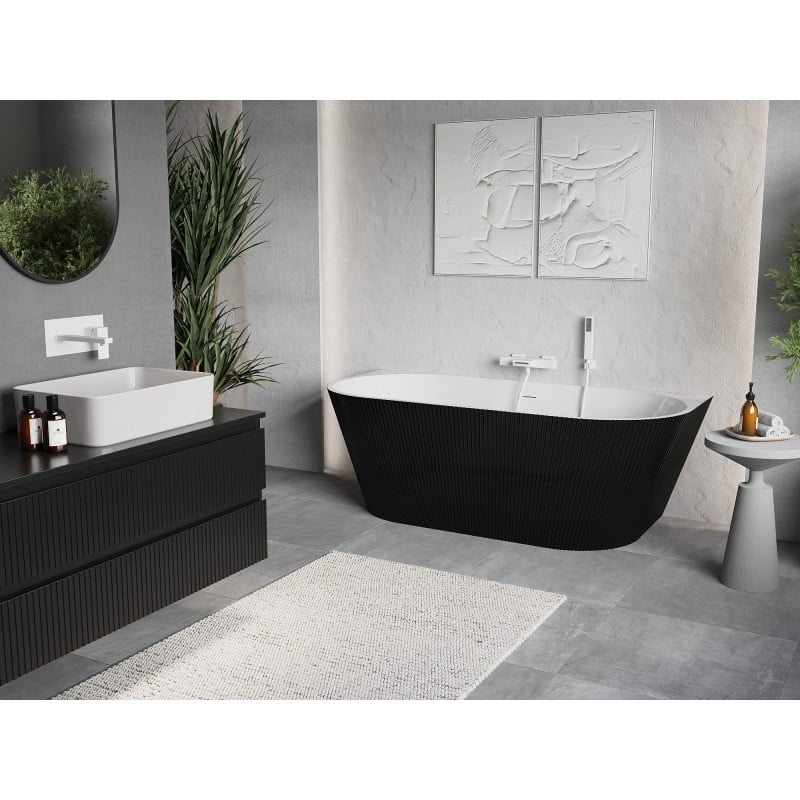 Mexen Oris freistehende Wandbadewanne geriffelt 150 x 75 cm, weiß/schwarz, weißer Überlauf - 52871507575-20