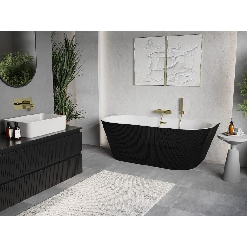 Mexen Oris freistehende wandmontierte Rillenwanne 150 x 75 cm, weiß/schwarz, goldener Überlauf - 52871507575-50