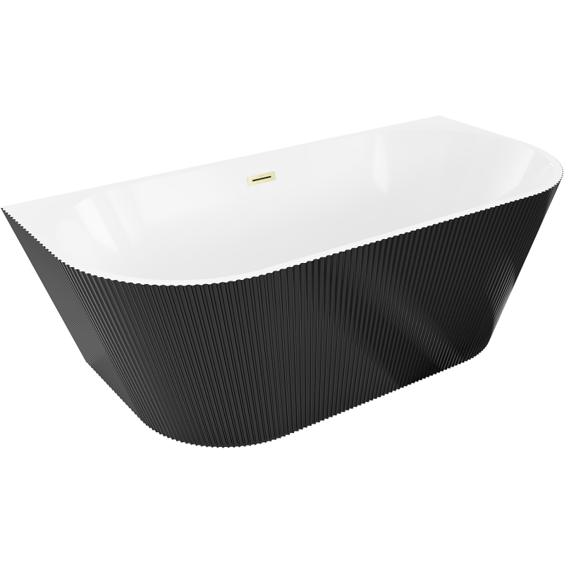 Mexen Oris freistehende wandstehende Badewanne geriffelt 150 x 75 cm, weiß/schwarz, Überlauf gold gebürstet - 52871507575-55